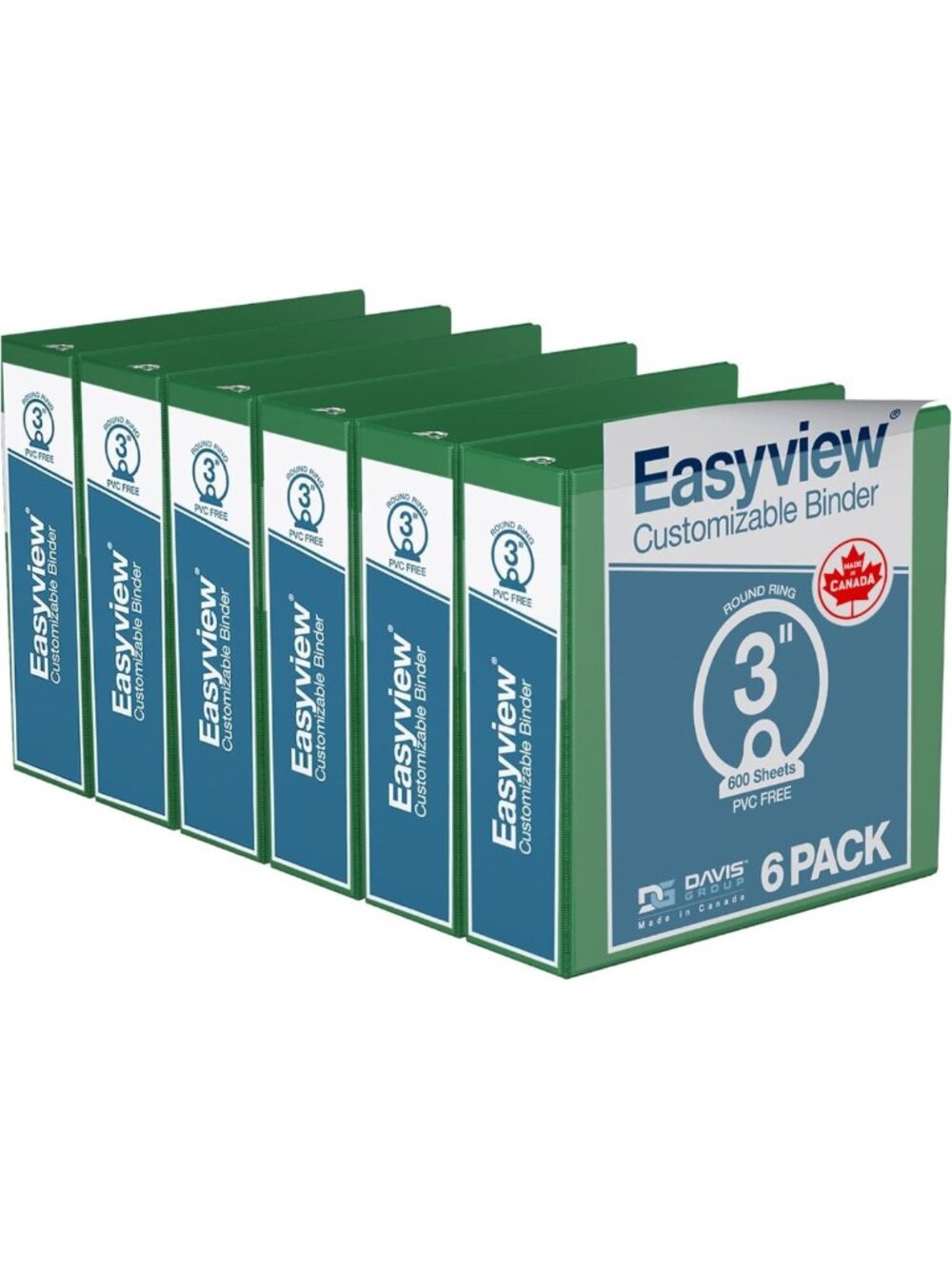 3-Ring Binder Set with Clear Cover, 3" Round Rings, Green - 6 Pack for